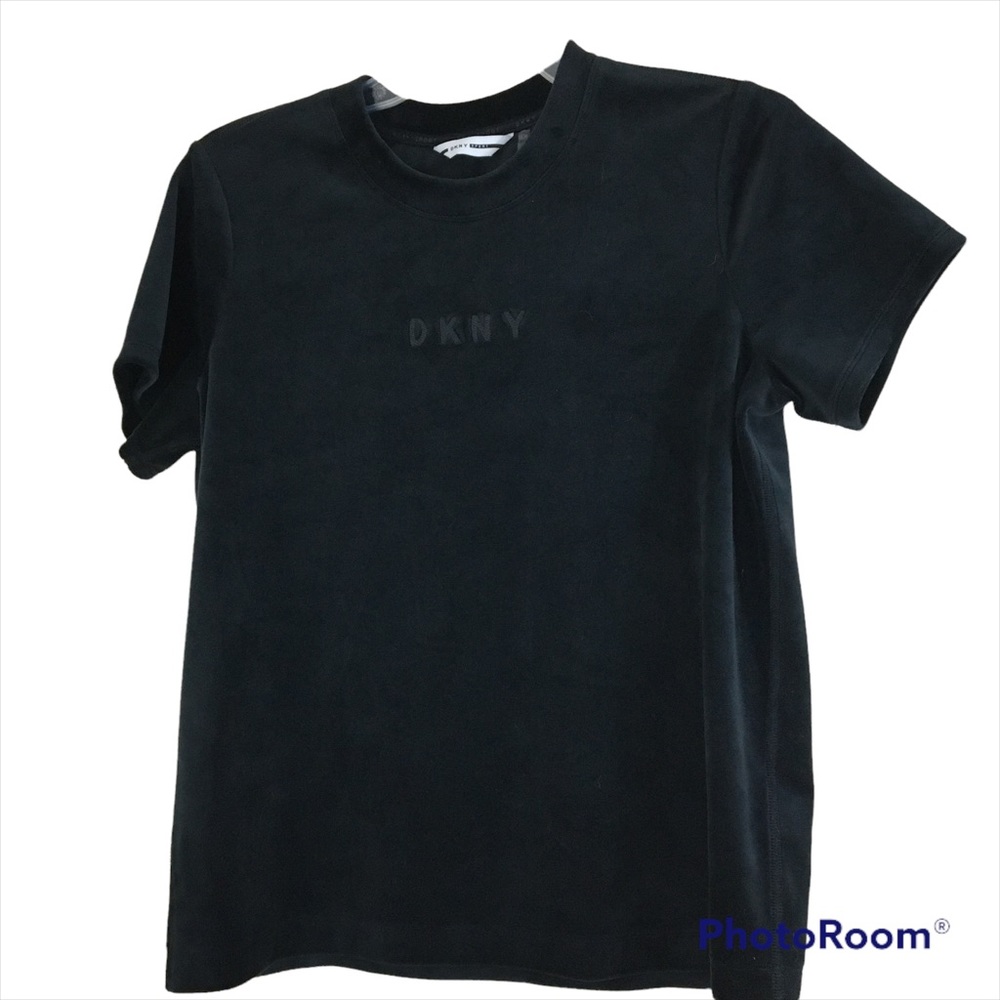DKNY Logo Black Velour Short Sleeve Top Size Small